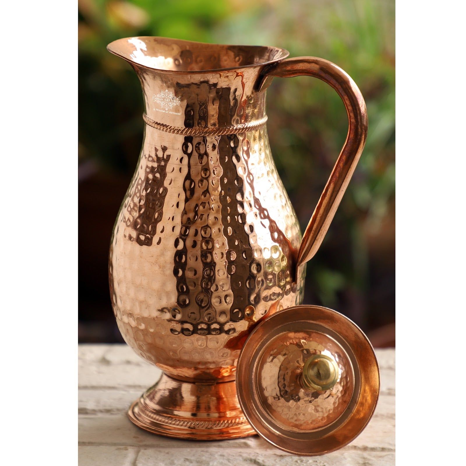 Pure copper antique hammered design mughlai jug with lid hammered, 1500 ML